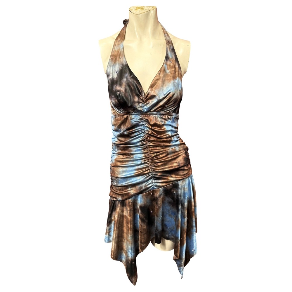 Y2K Halter Mini Dress Ruched Handkerchief Hem Tie Dye Blue Brown Medium